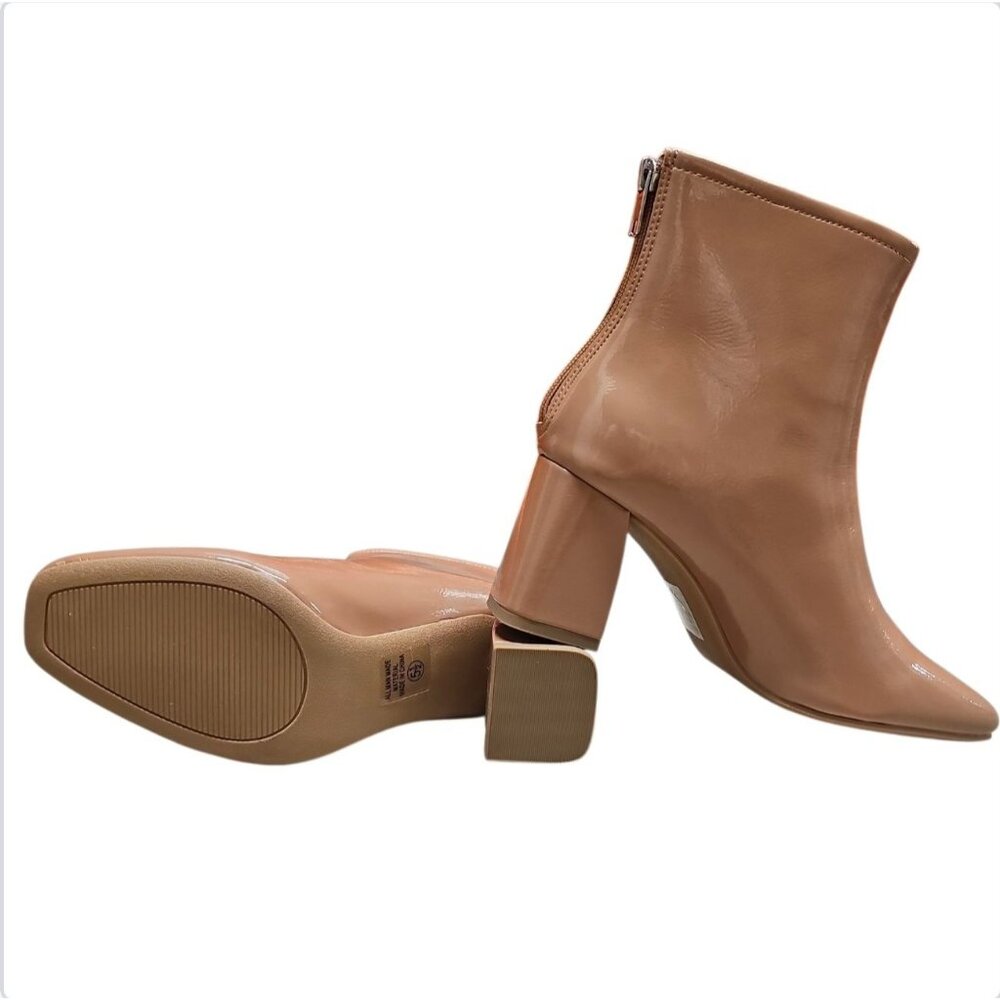 Camel Patent Leather Square Toe Block Heel Ankle Boots With Back Zipper Closure - Picture 7 of 9